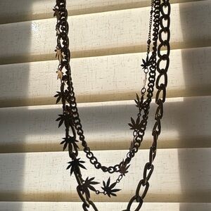 Gold Leaf Three Chain Necklace Stack